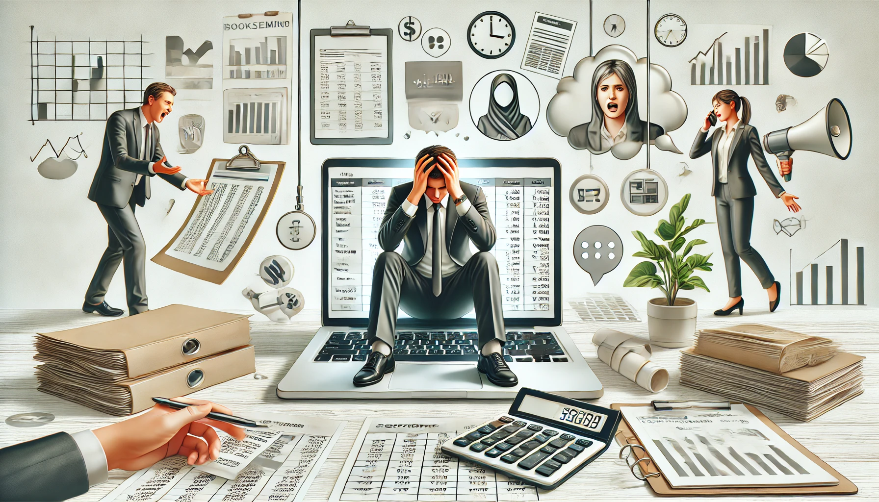 DALL·E 2025 02 14 15.25.52 A realistic digital illustration depicting the challenges of hiring a virtual assistant for bookkeeping. The image features a professional workspace w Perfect Virtual Team