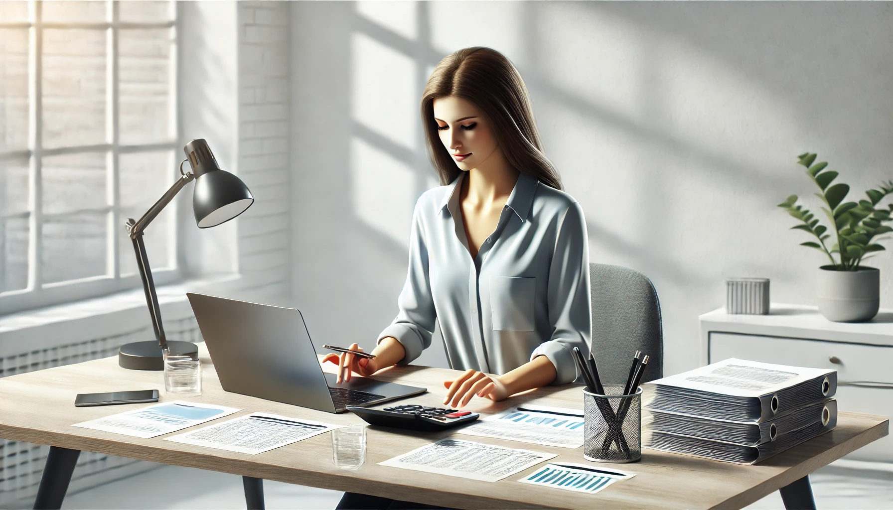 DALL·E 2025 02 14 15.31.11 A realistic digital illustration of a professional virtual assistant working on bookkeeping tasks. The assistant is seated at a modern desk with a lap Perfect Virtual Team