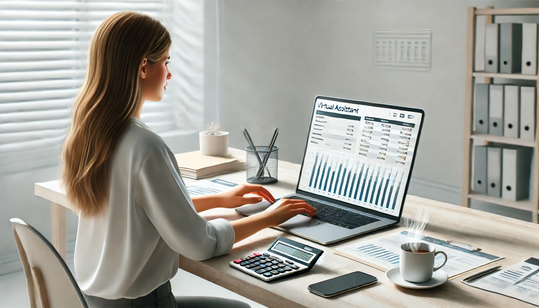 DALL·E 2025 02 14 15.34.33 A realistic digital illustration of a virtual assistant providing bookkeeping services for a small business. The assistant is depicted as a profession Perfect Virtual Team